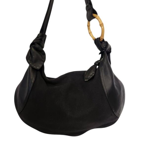 Lancel Paris Hobo Black Leather Canvas Bamboo Ring Shoulder Medium Purse Bag - Picture 1 of 8